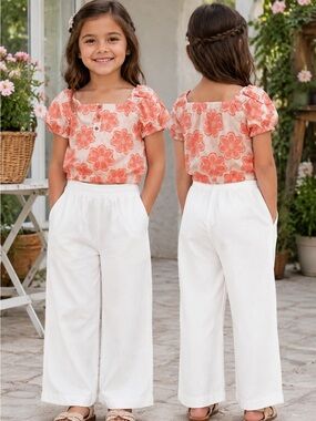 Girls Coral Floral Smocked Top and White Wide-Leg Pants Set